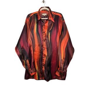 Vintage Marble Tie Dye Long Sleeve Button Sating Club Disco Shirt XL Groovy